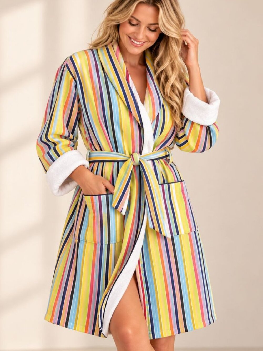 Swell Cynthia Rowley Reversible Bathrobe Size L Rainbow Stripe Cotton Terry Robe